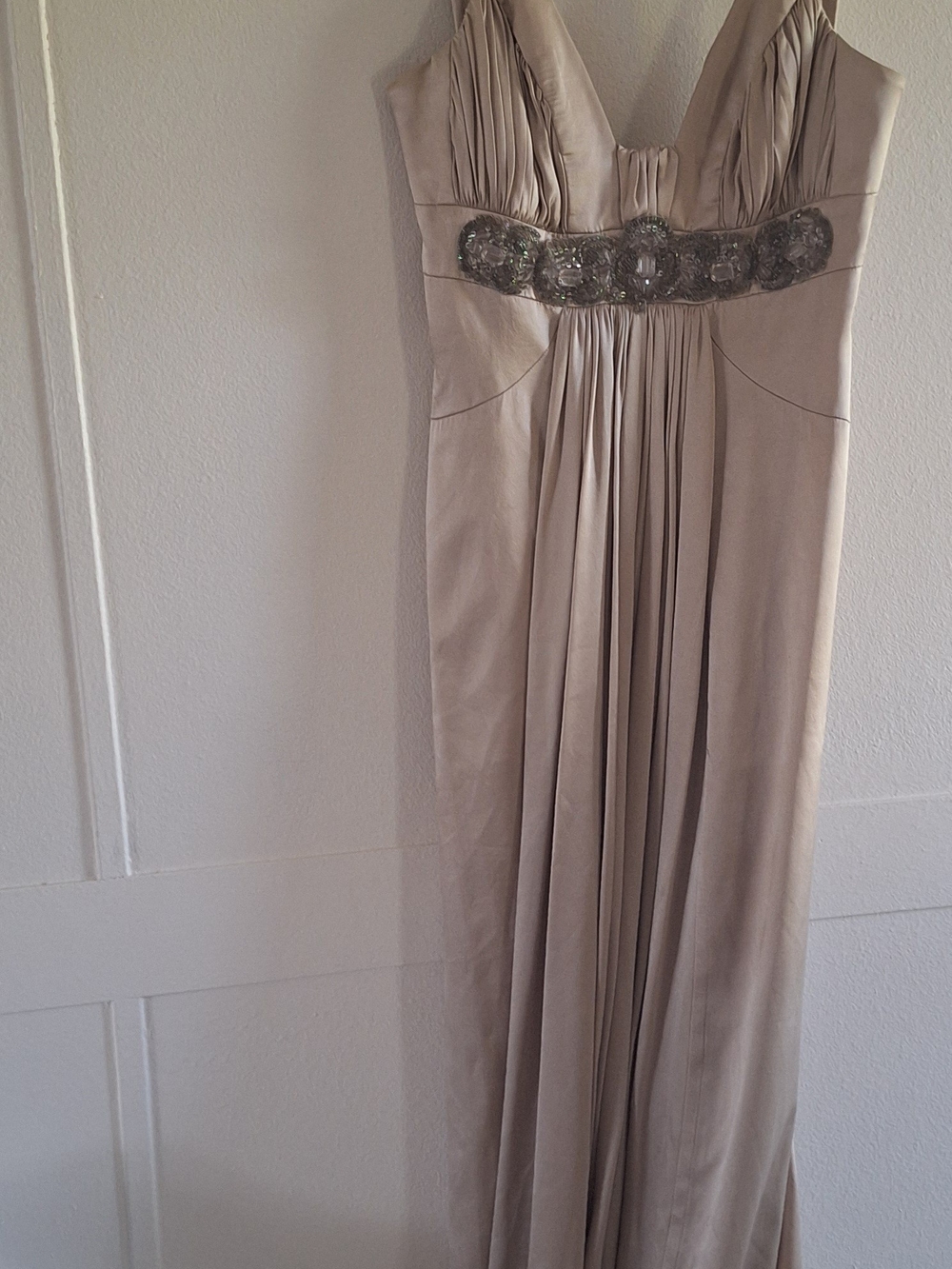 Elegant Taupe Beaded Empire Maxi Dress